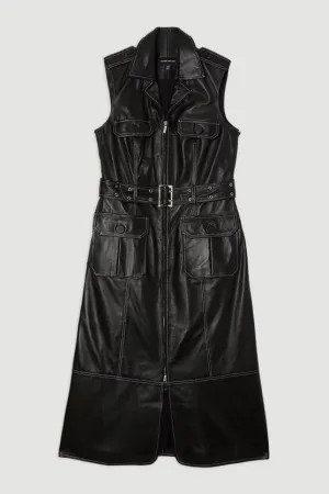 Leather Contrast Stitch Belted Sleeveless Midi Dress