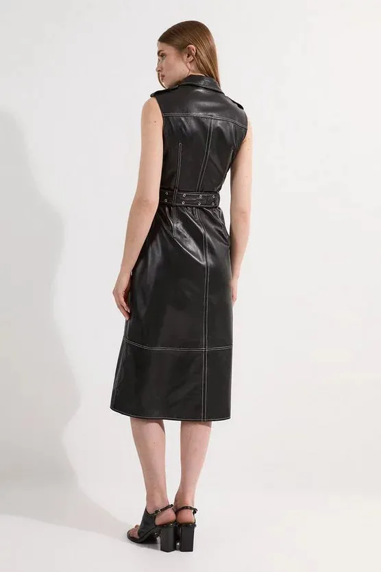 Leather Contrast Stitch Belted Sleeveless Midi Dress