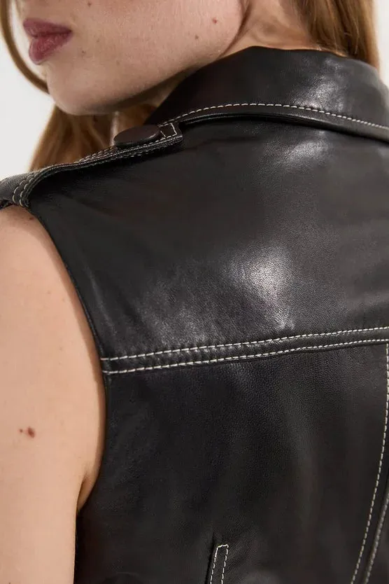 Leather Contrast Stitch Belted Sleeveless Midi Dress