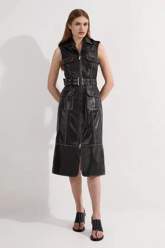Leather Contrast Stitch Belted Sleeveless Midi Dress