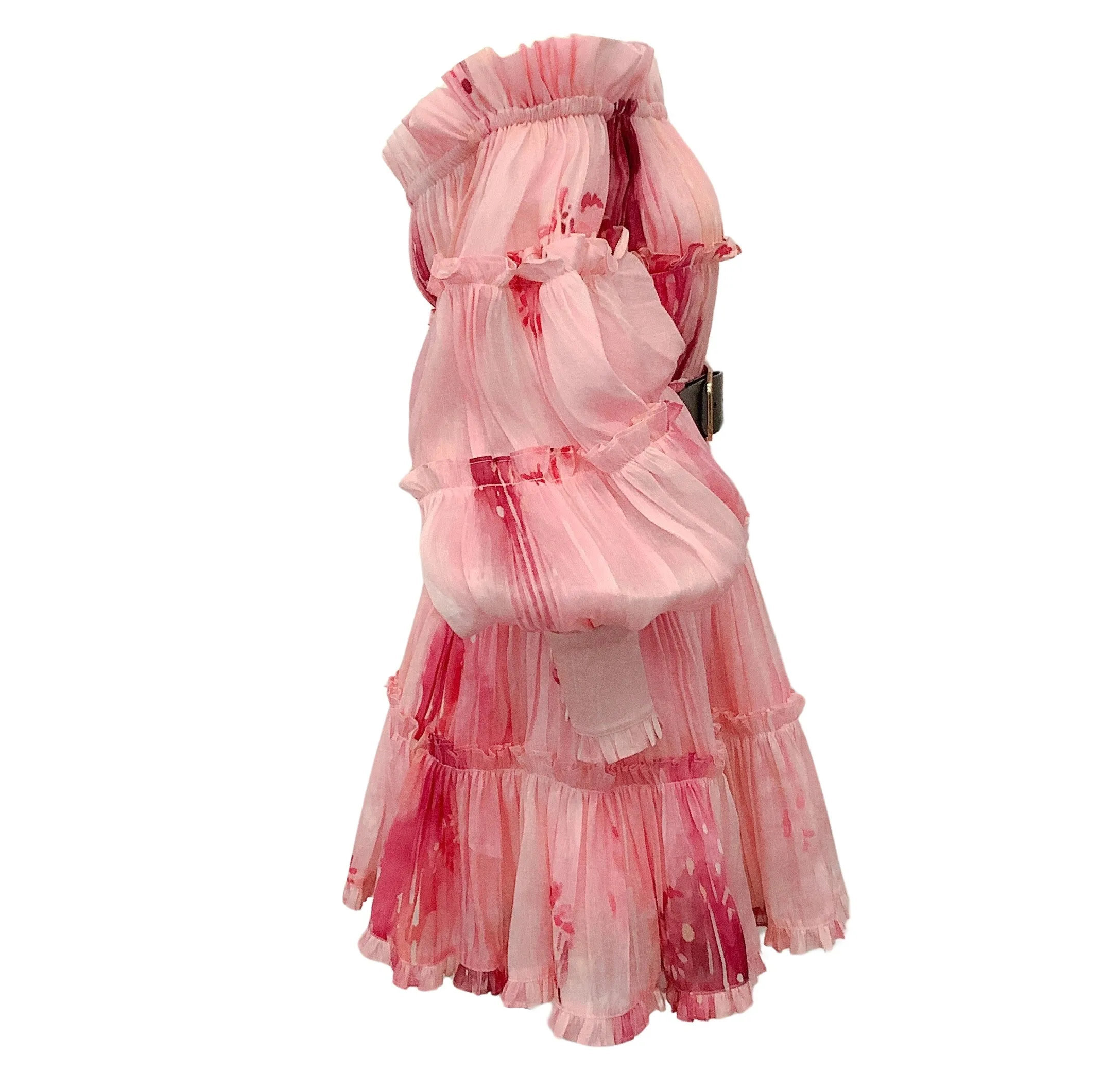 Leo Lin Pink Off Shoulder Leila Tiered Belted Dress