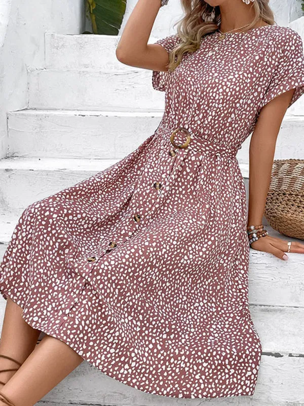 Leopard Print Midi Dress with Belted Waist and Button Front