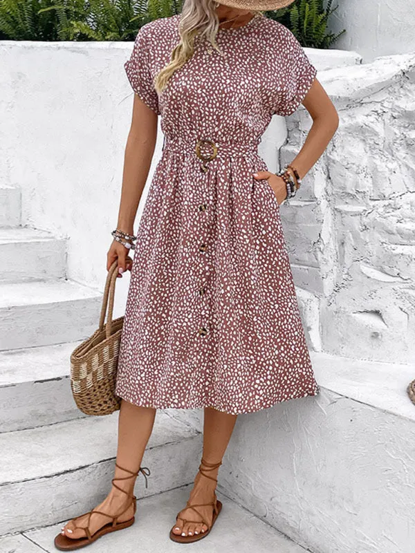 Leopard Print Midi Dress with Belted Waist and Button Front