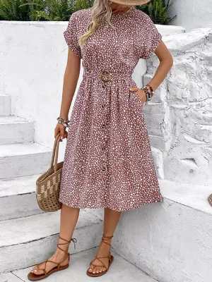 Leopard Print Midi Dress with Belted Waist and Button Front