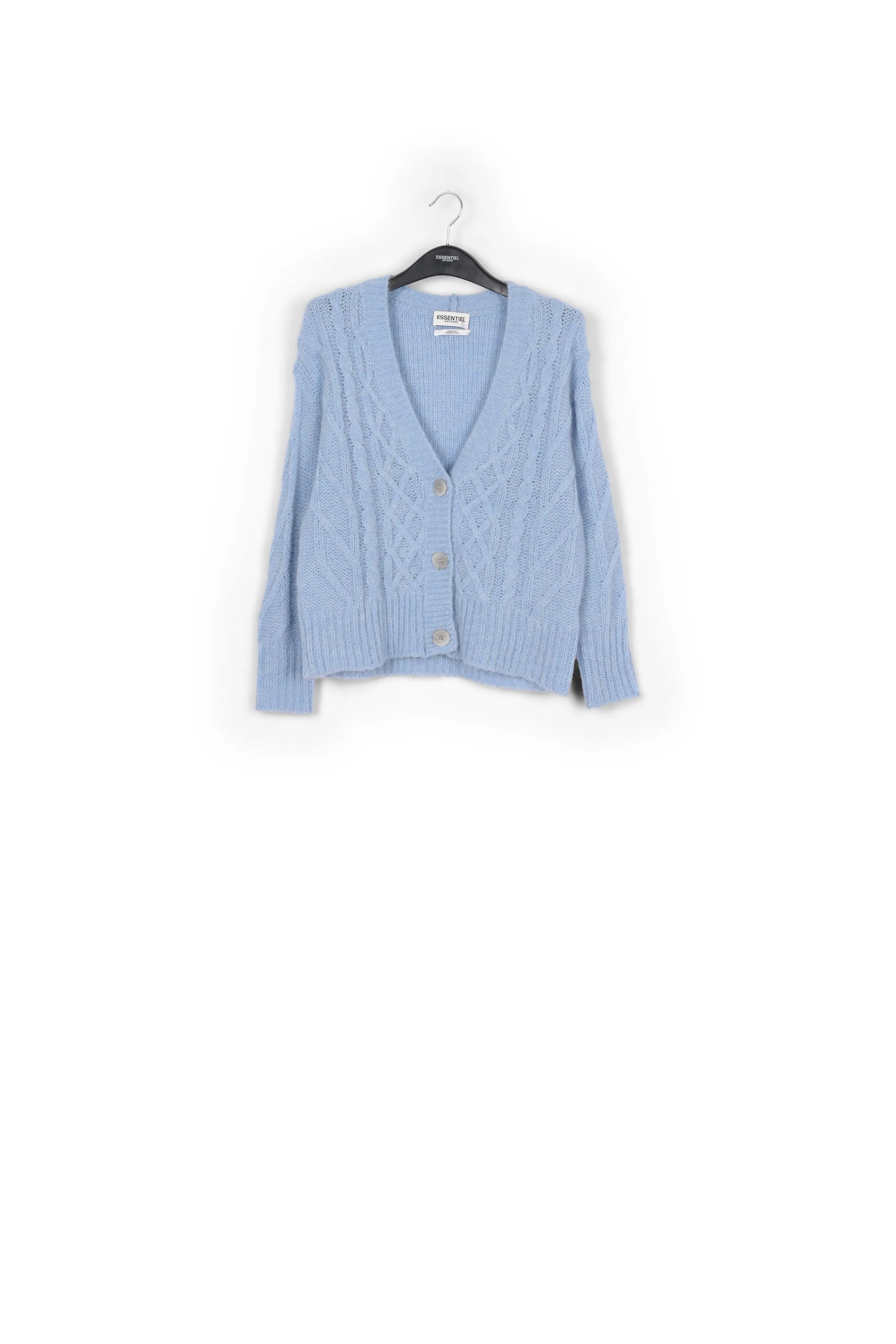 Light blue cable-knit V-neck cardigan