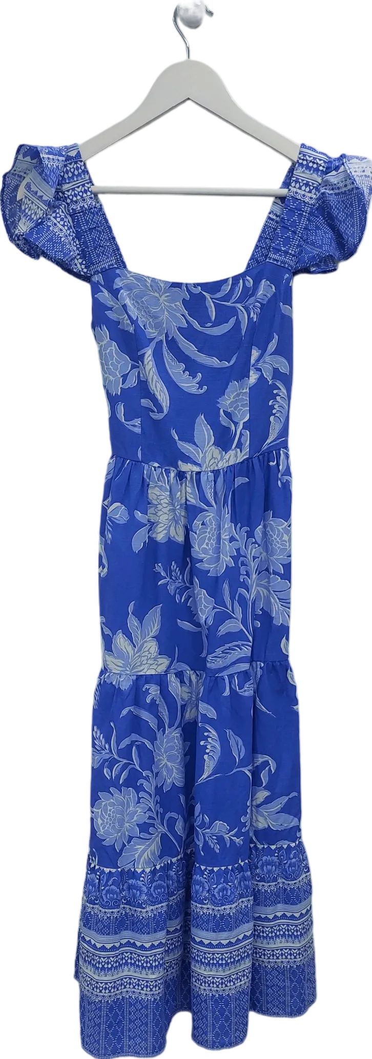 lipsy london Blue Ruffle Floral Belted Midi Linen Look Dress UK 6