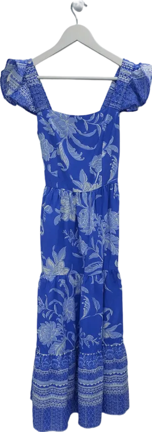 lipsy london Blue Ruffle Floral Belted Midi Linen Look Dress UK 6