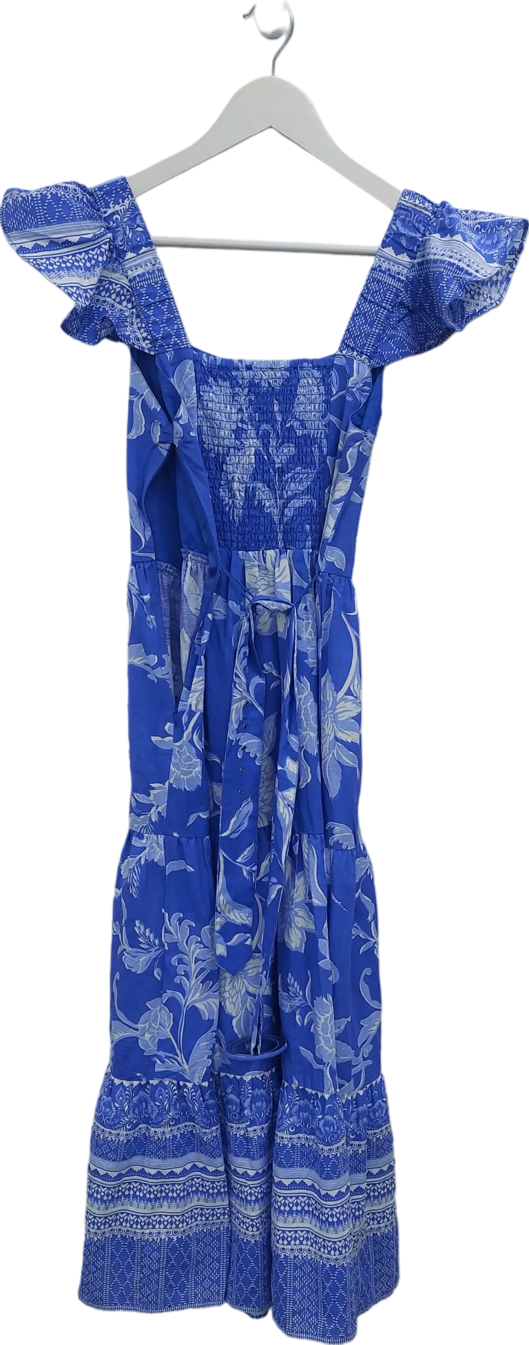 lipsy london Blue Ruffle Floral Belted Midi Linen Look Dress UK 6