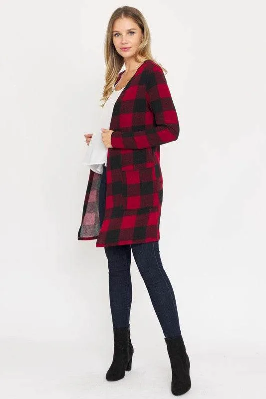 Long Buffalo Plaid Open Cardigan