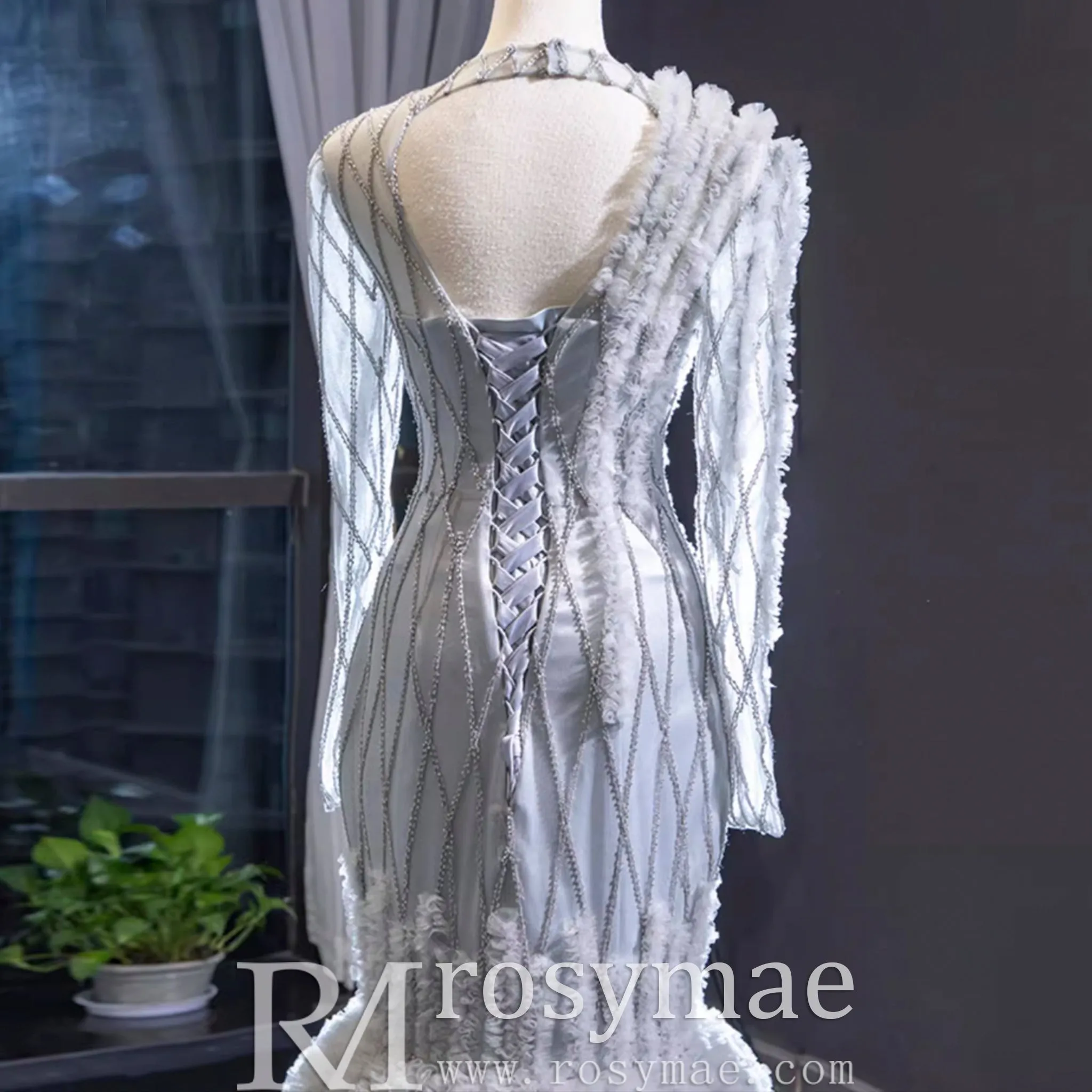 Long Sleeve Beaded Trumpet Wedding Dress with Keyhole