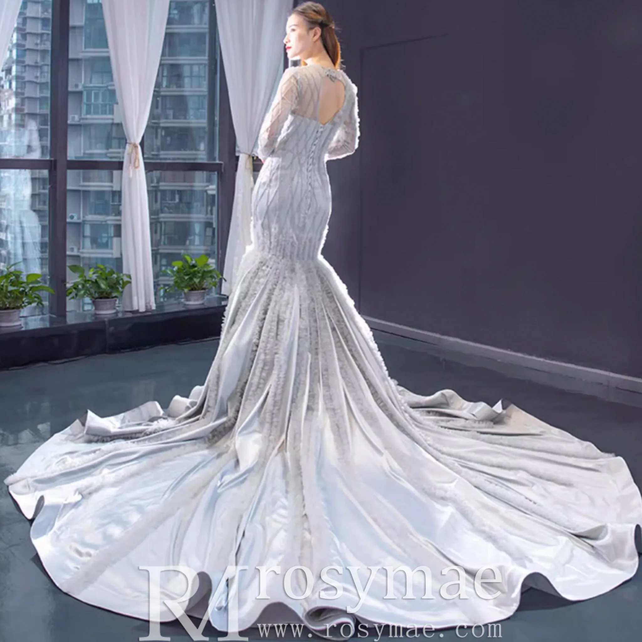 Long Sleeve Beaded Trumpet Wedding Dress with Keyhole