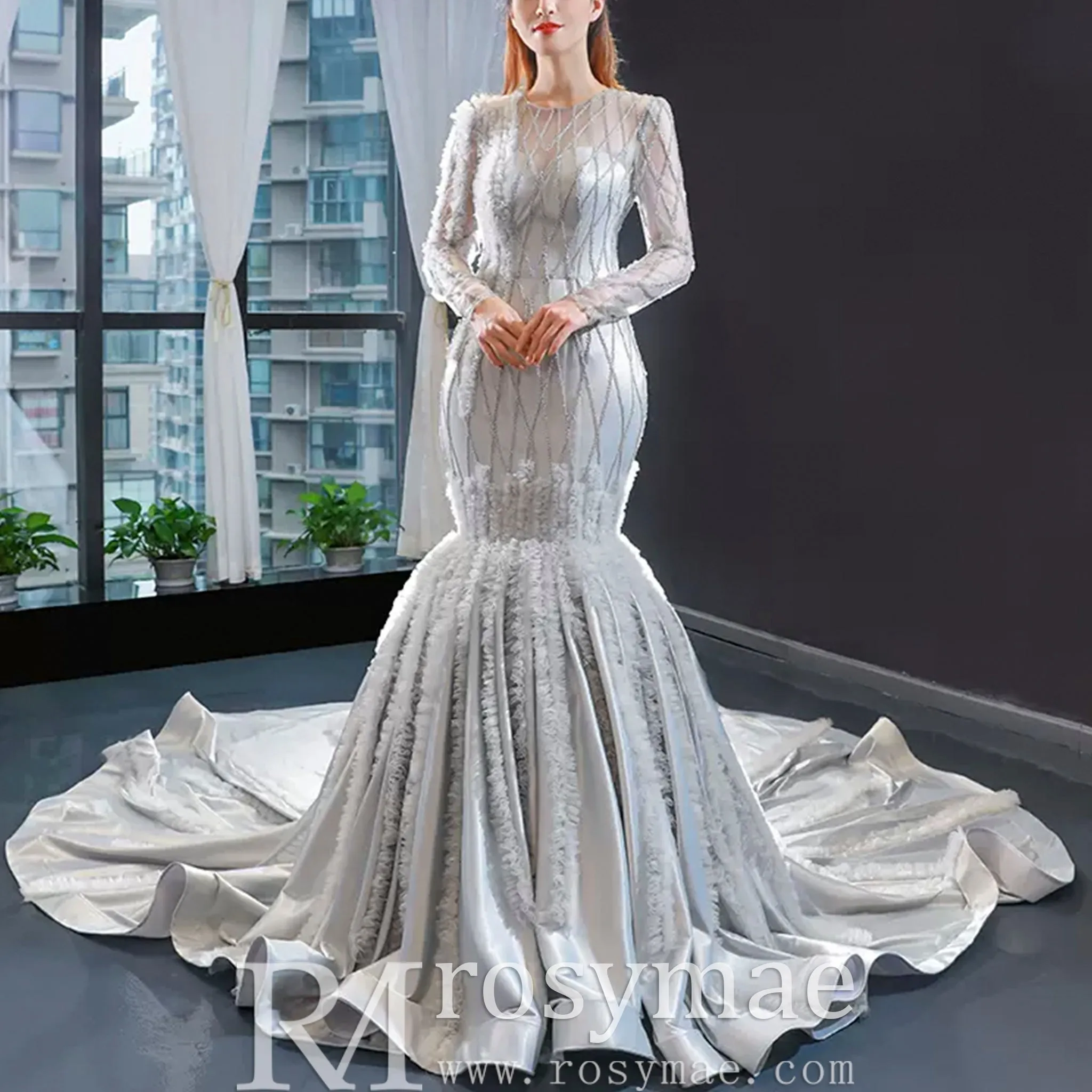 Long Sleeve Beaded Trumpet Wedding Dress with Keyhole