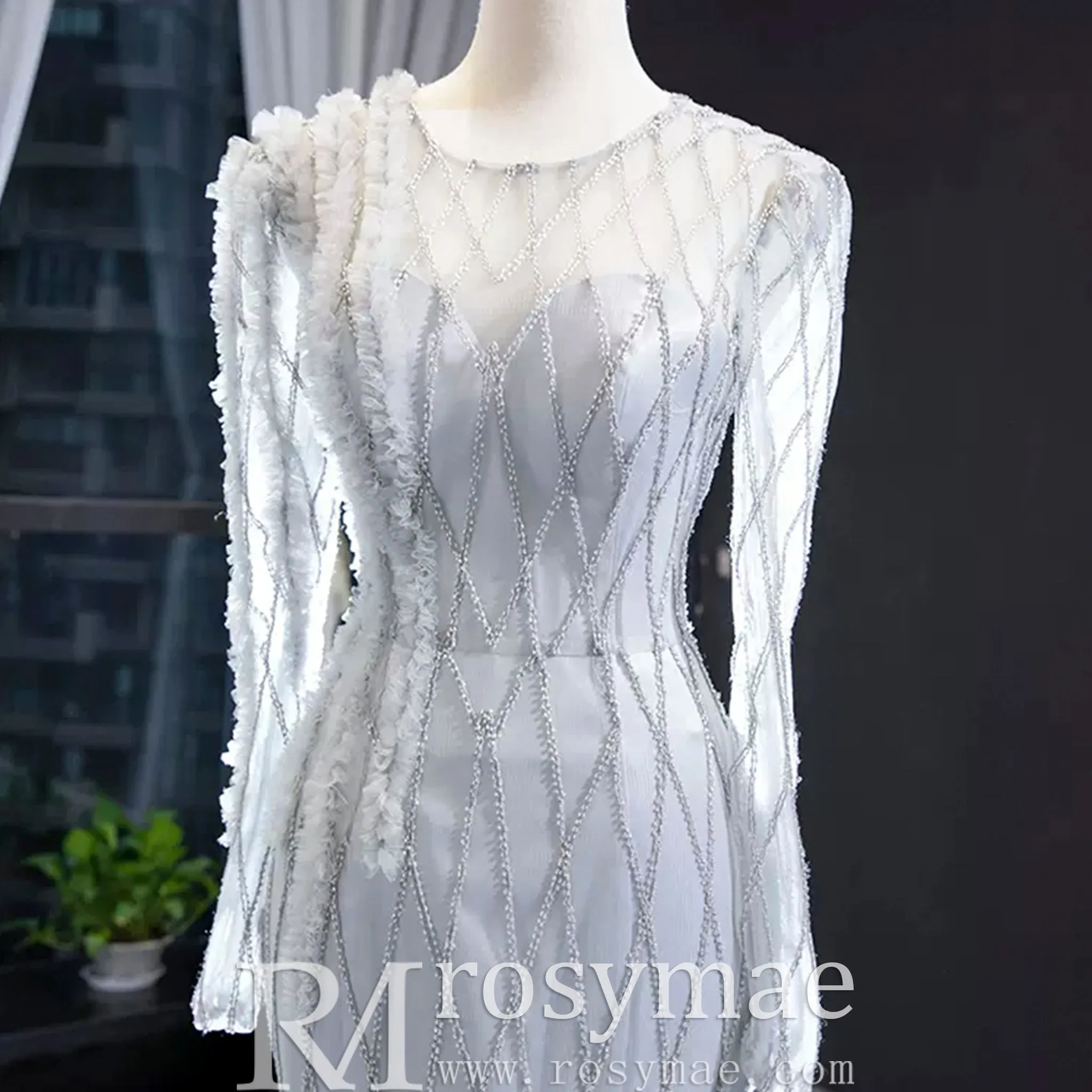 Long Sleeve Beaded Trumpet Wedding Dress with Keyhole