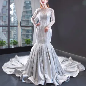 Long Sleeve Beaded Trumpet Wedding Dress with Keyhole