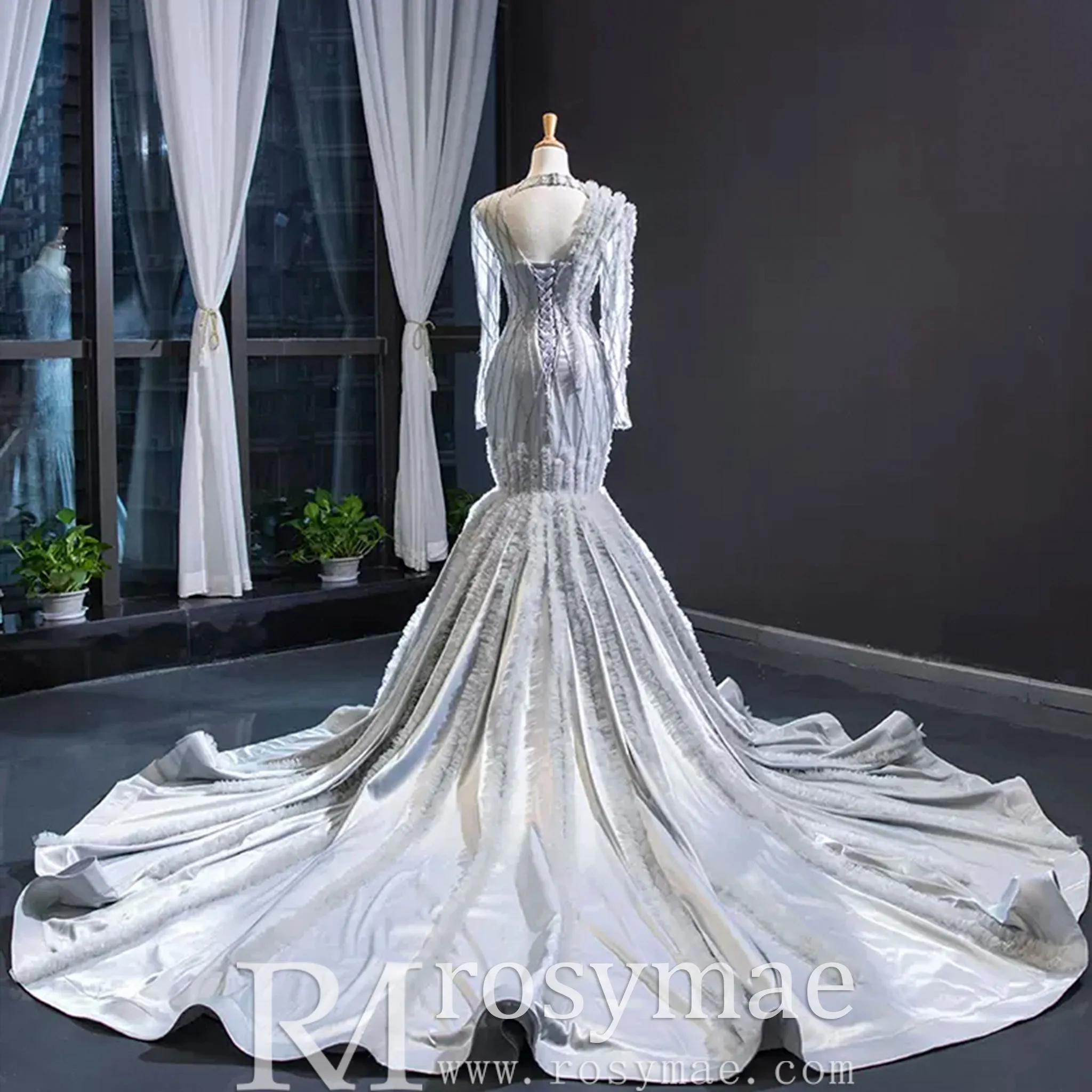 Long Sleeve Beaded Trumpet Wedding Dress with Keyhole