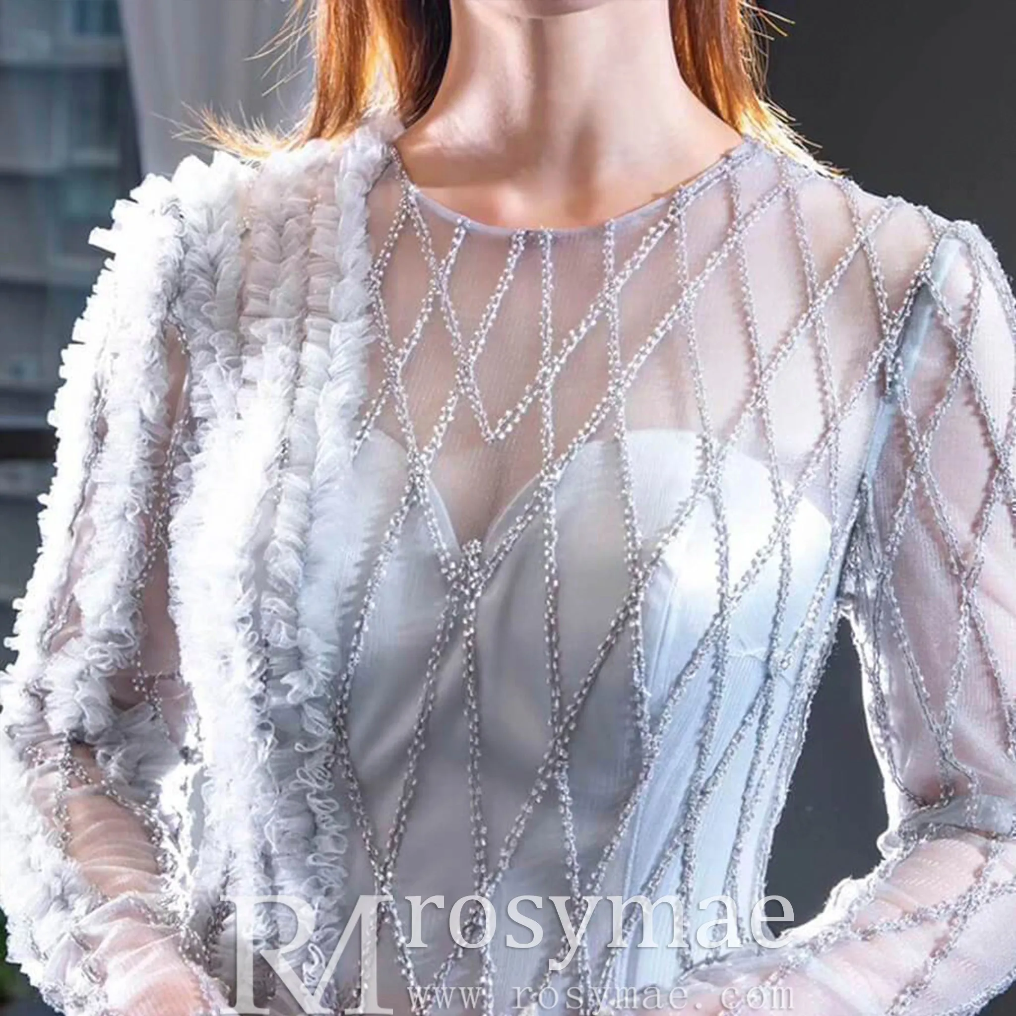 Long Sleeve Beaded Trumpet Wedding Dress with Keyhole