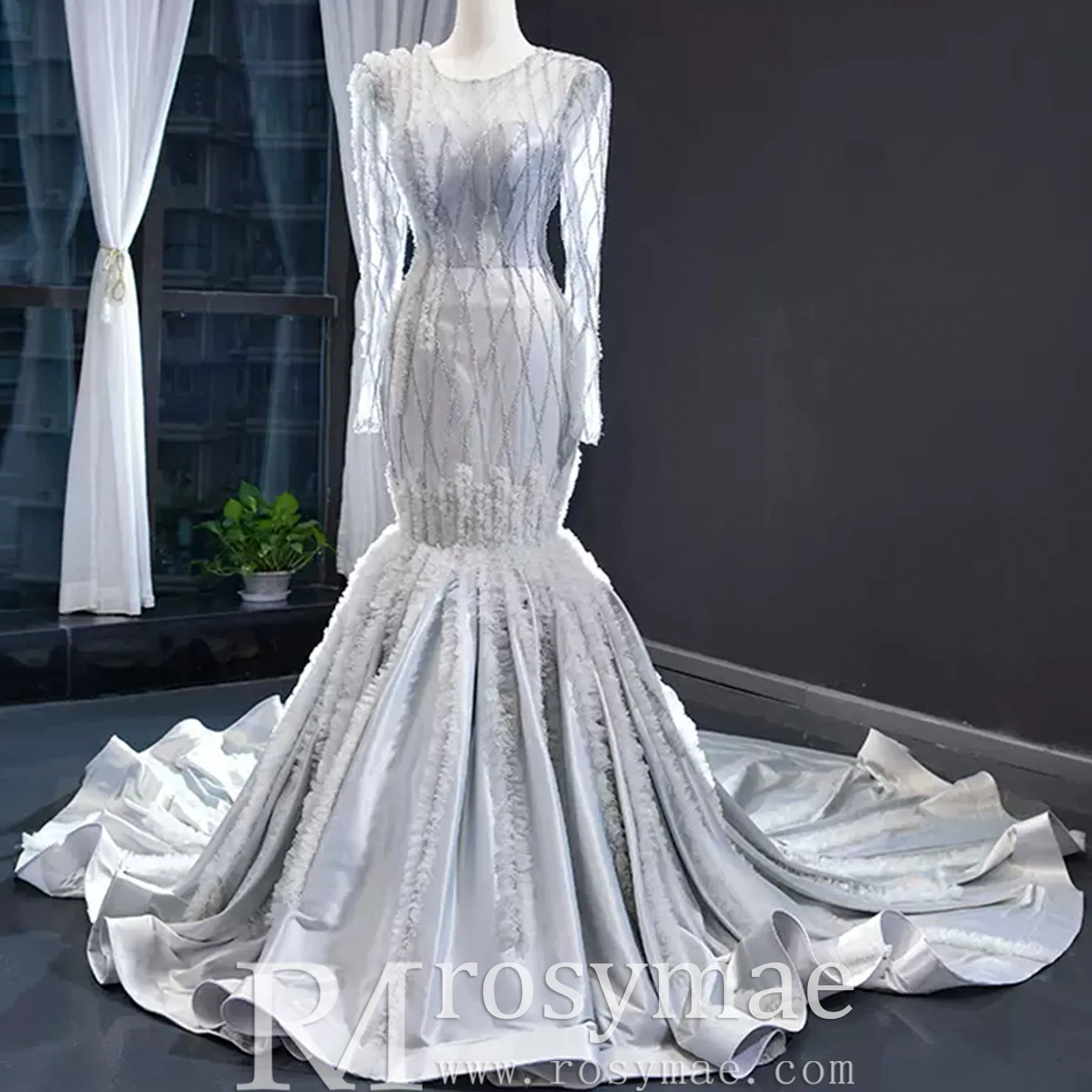 Long Sleeve Beaded Trumpet Wedding Dress with Keyhole
