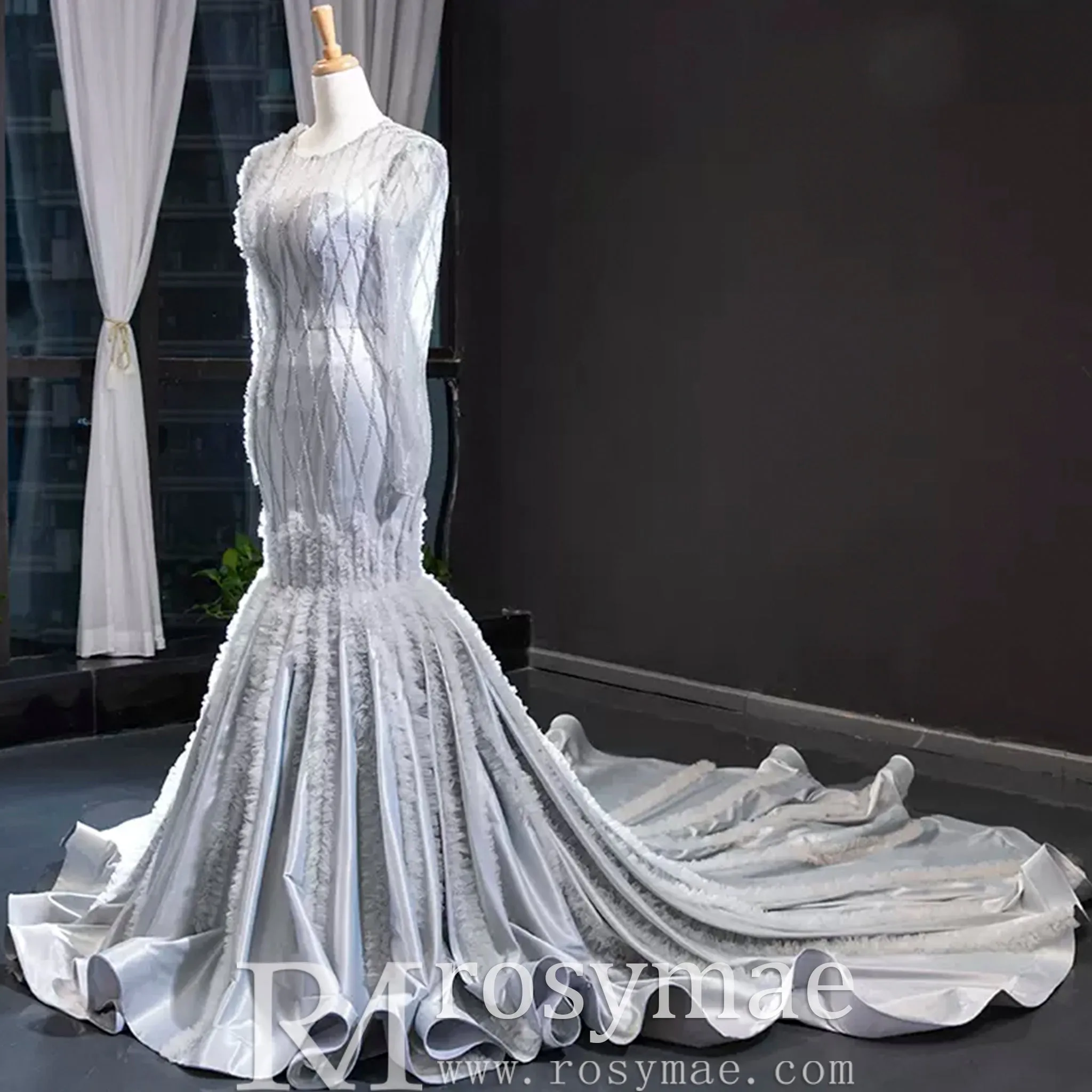 Long Sleeve Beaded Trumpet Wedding Dress with Keyhole