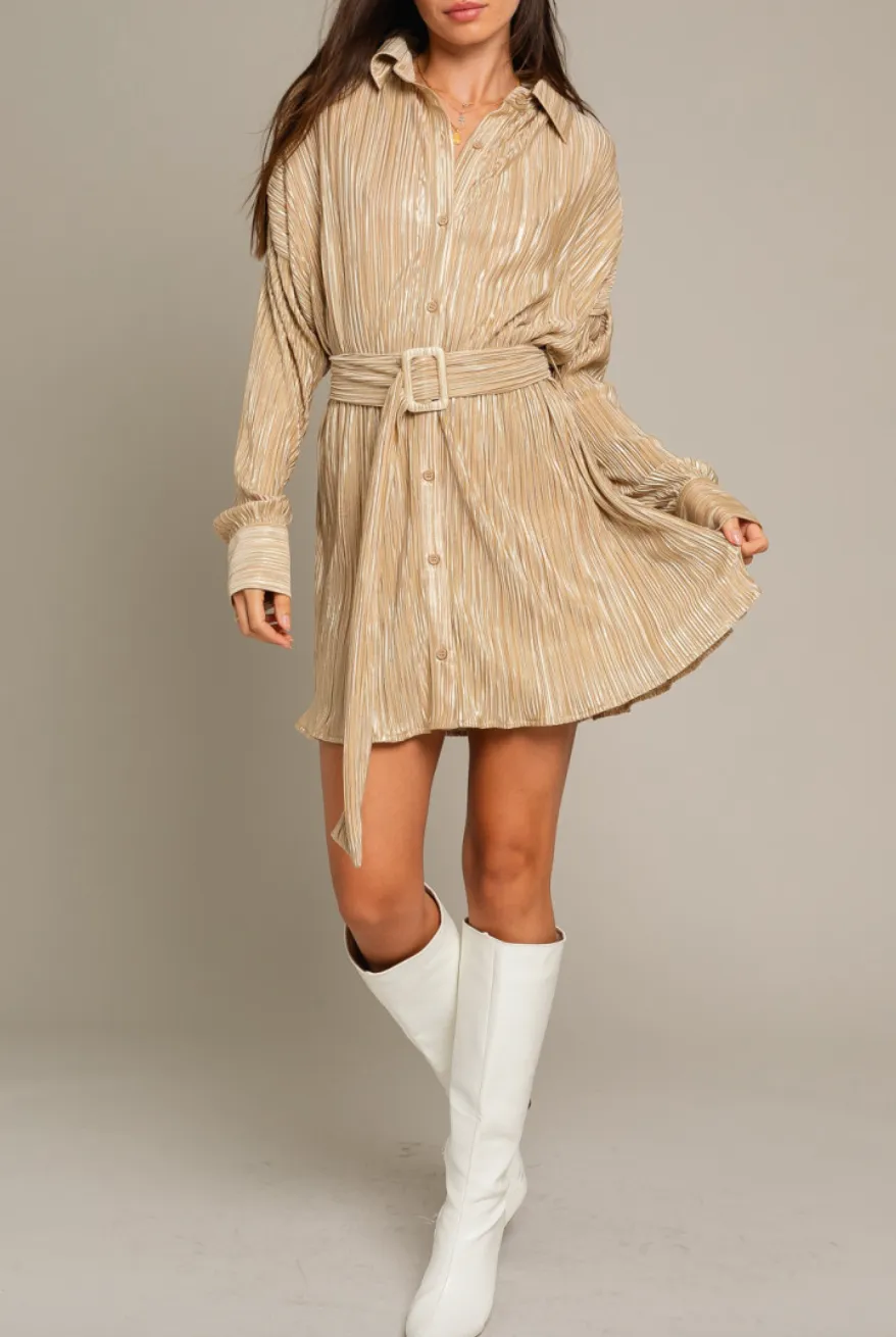 Long Sleeve Pleated Belted Shirt Dress