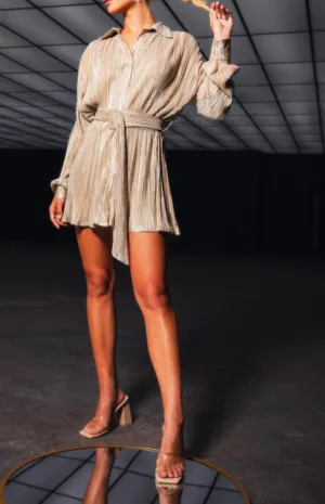 Long Sleeve Pleated Belted Shirt Dress