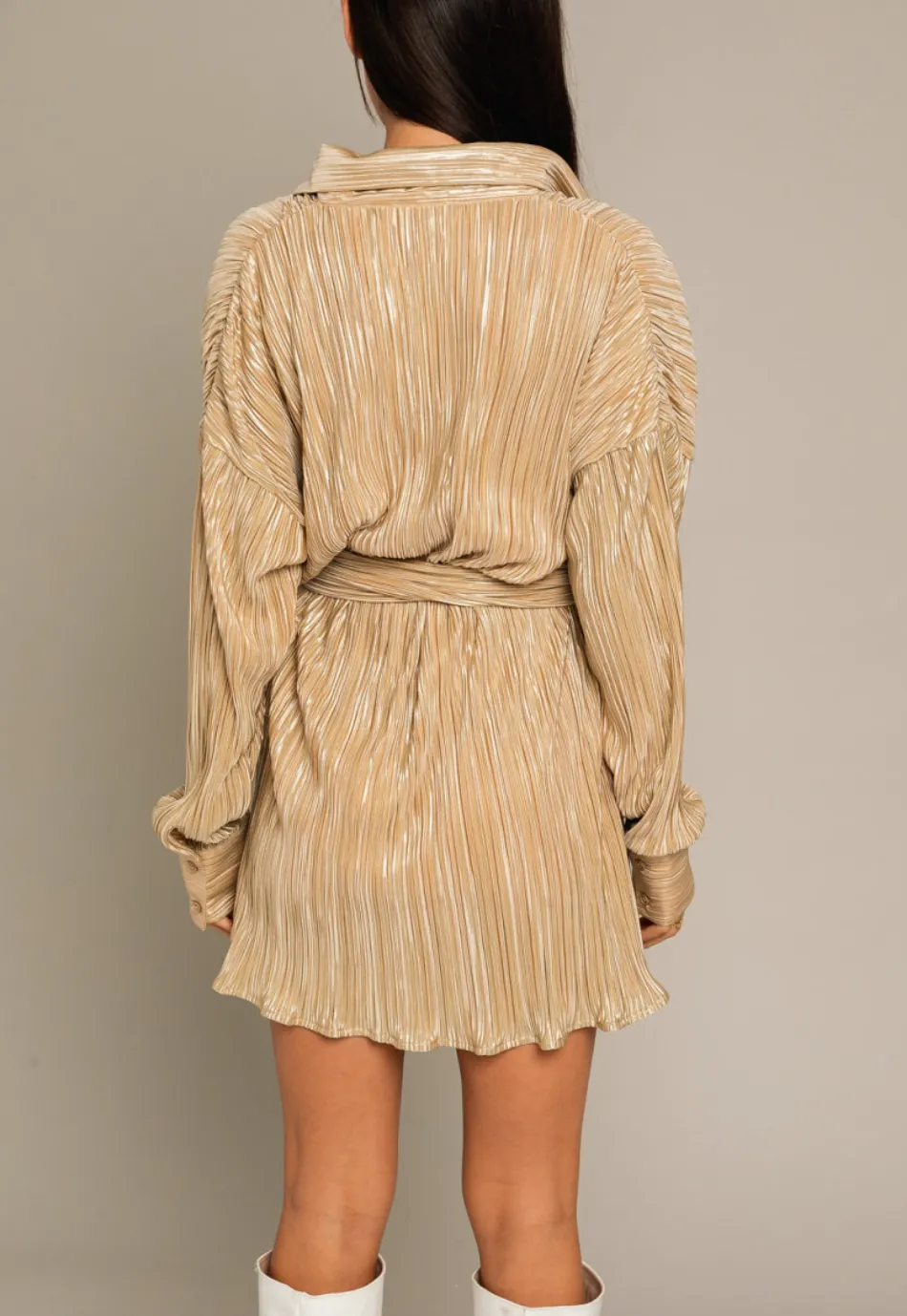 Long Sleeve Pleated Belted Shirt Dress