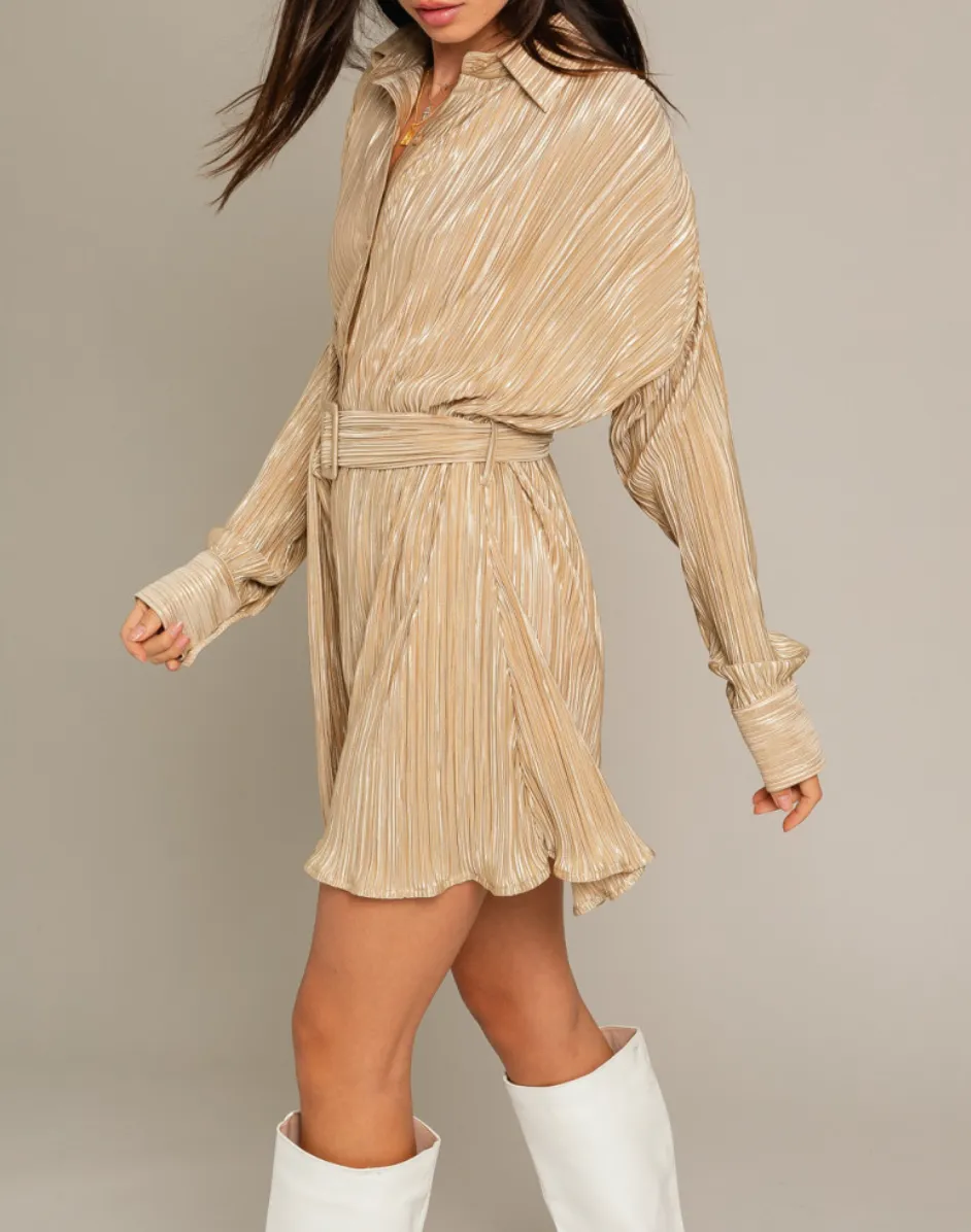 Long Sleeve Pleated Belted Shirt Dress