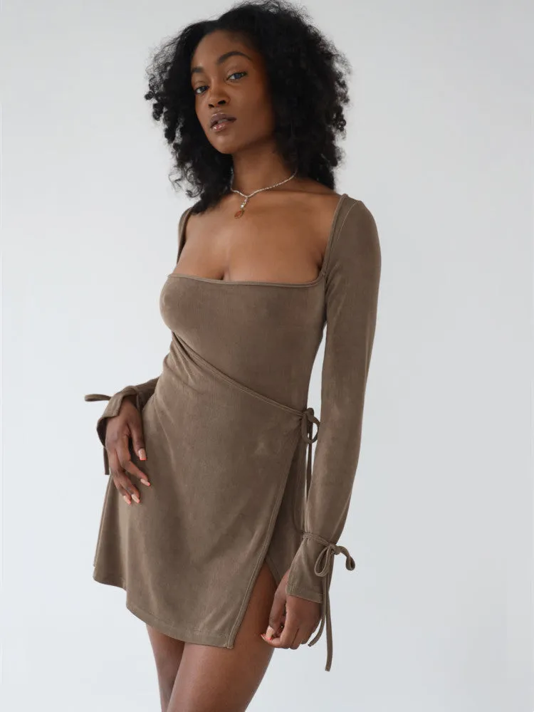 Long Sleeve Square Collar Tie Up Split Short Dress