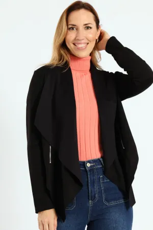Long Sleeve Suede Waterfall Jacket With Zip Detail - Black