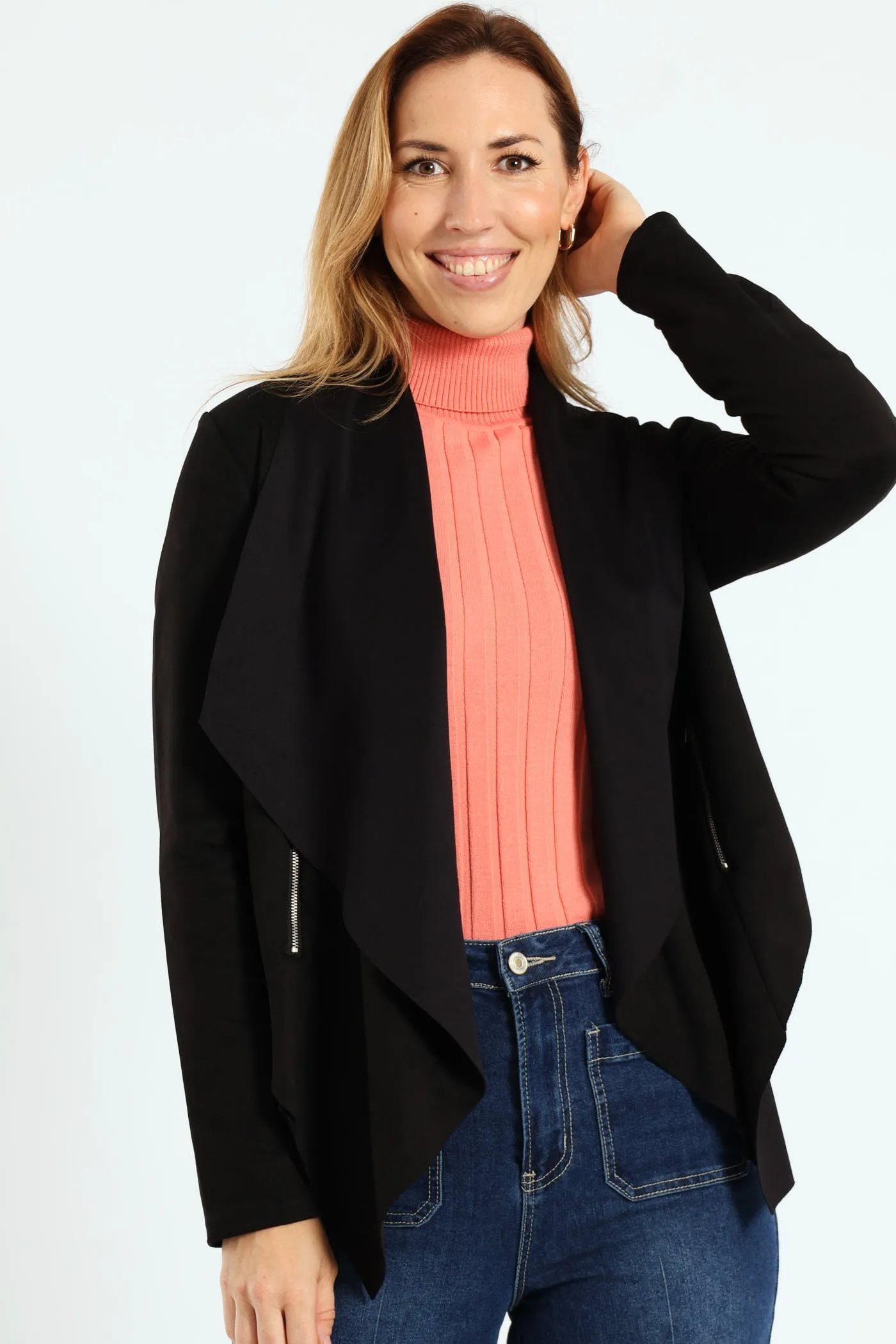 Long Sleeve Suede Waterfall Jacket With Zip Detail - Black