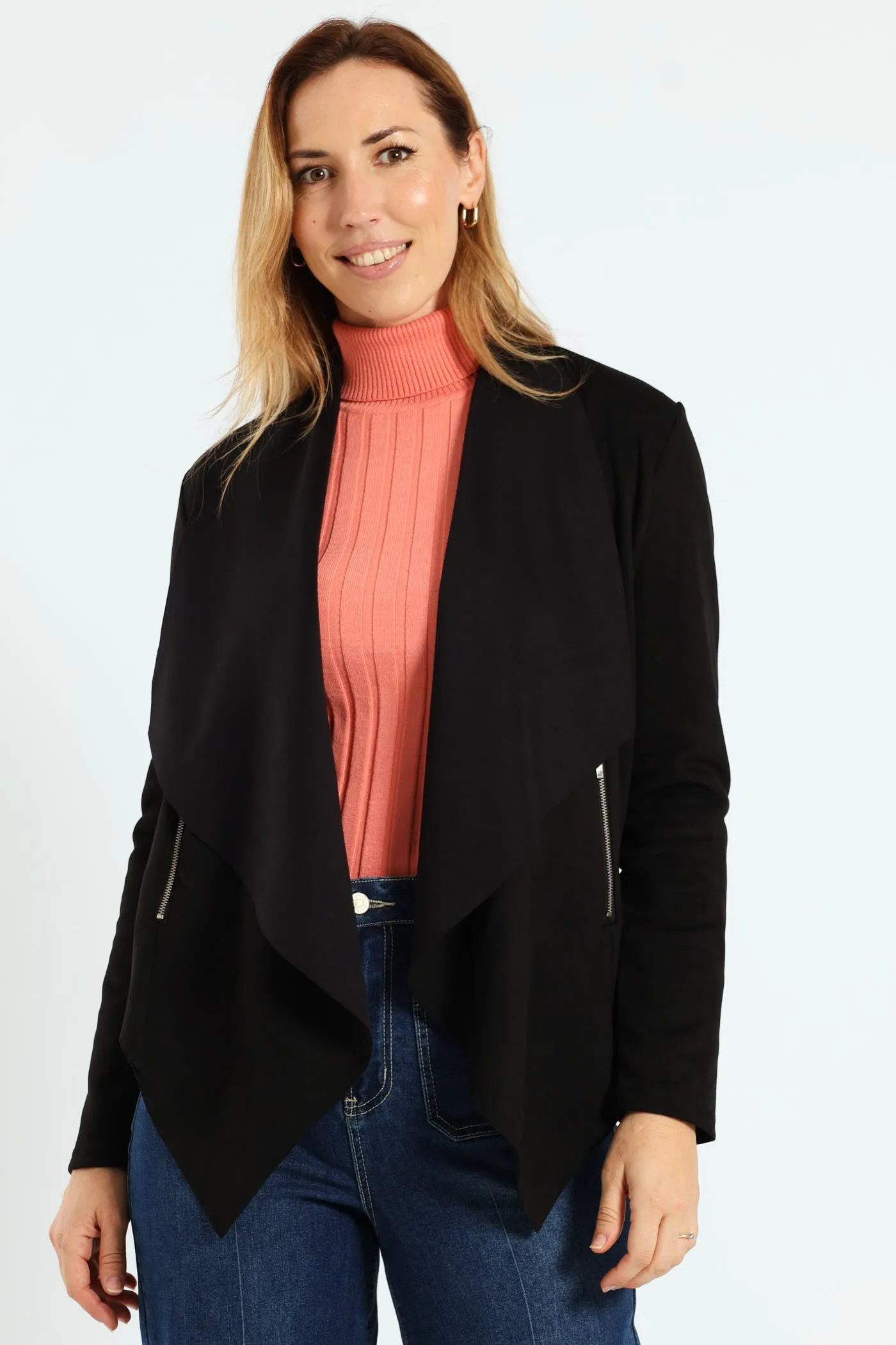 Long Sleeve Suede Waterfall Jacket With Zip Detail - Black
