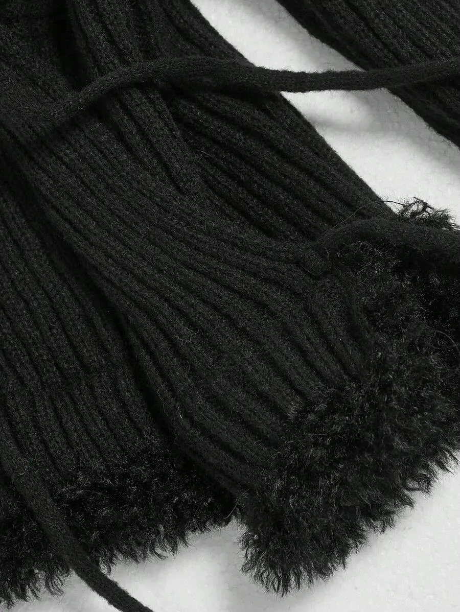 Lorenza Faux Fur Trimmed Knit Cardigan Sweater in Black