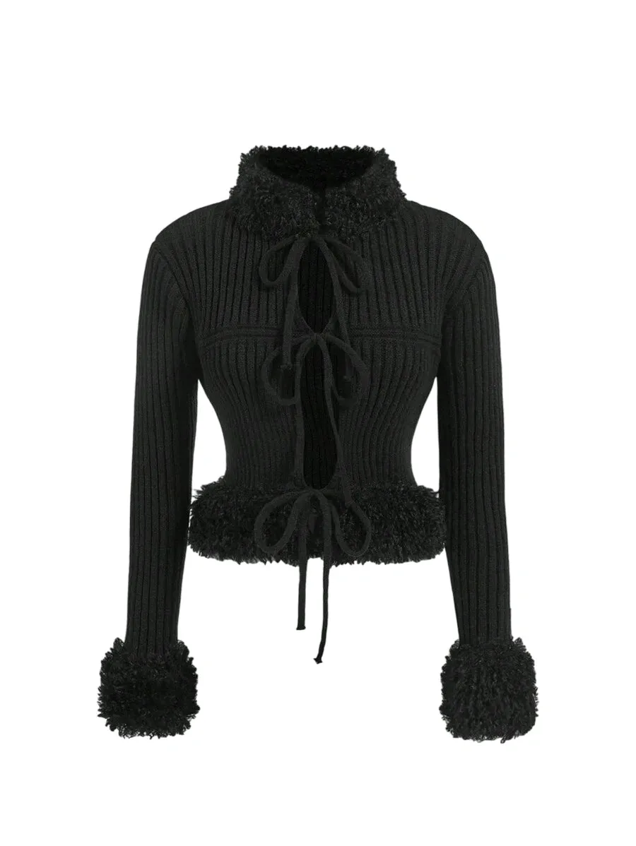 Lorenza Faux Fur Trimmed Knit Cardigan Sweater in Black