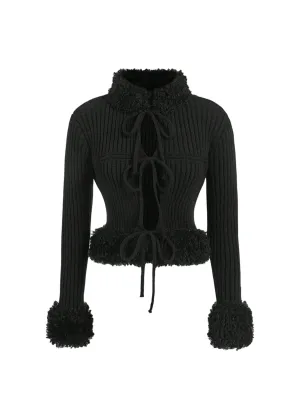 Lorenza Faux Fur Trimmed Knit Cardigan Sweater in Black