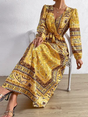 Lori Paisley Scarf Print Surplice Neck Belted Dress