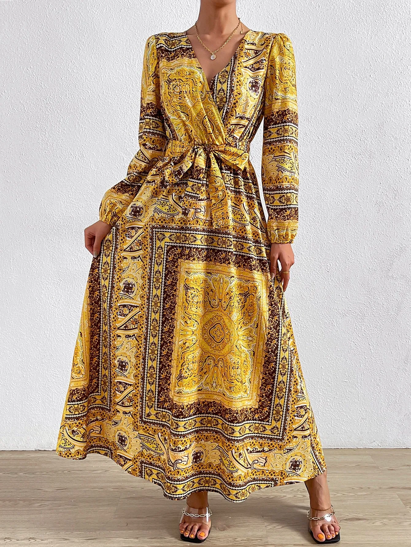 Lori Paisley Scarf Print Surplice Neck Belted Dress