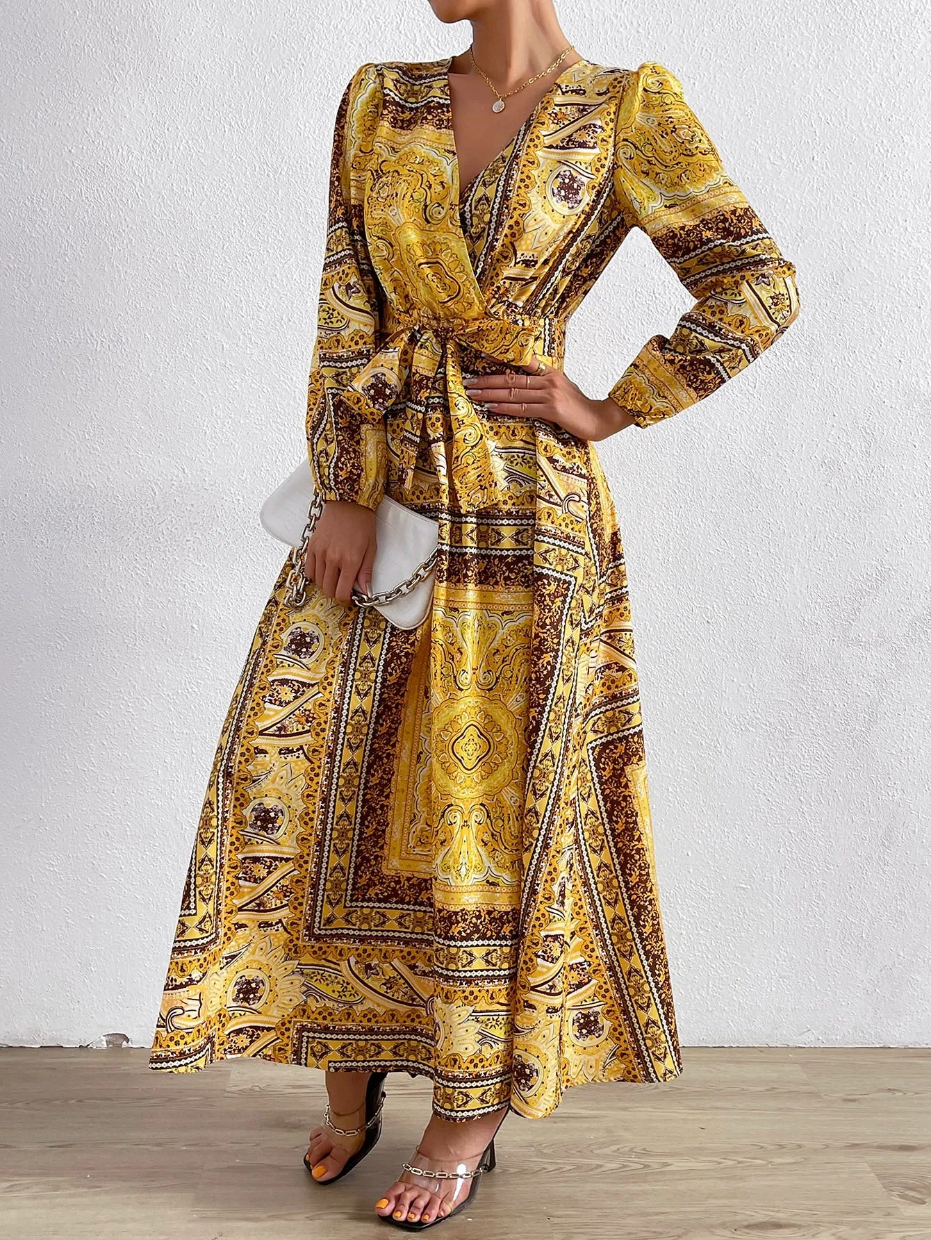 Lori Paisley Scarf Print Surplice Neck Belted Dress