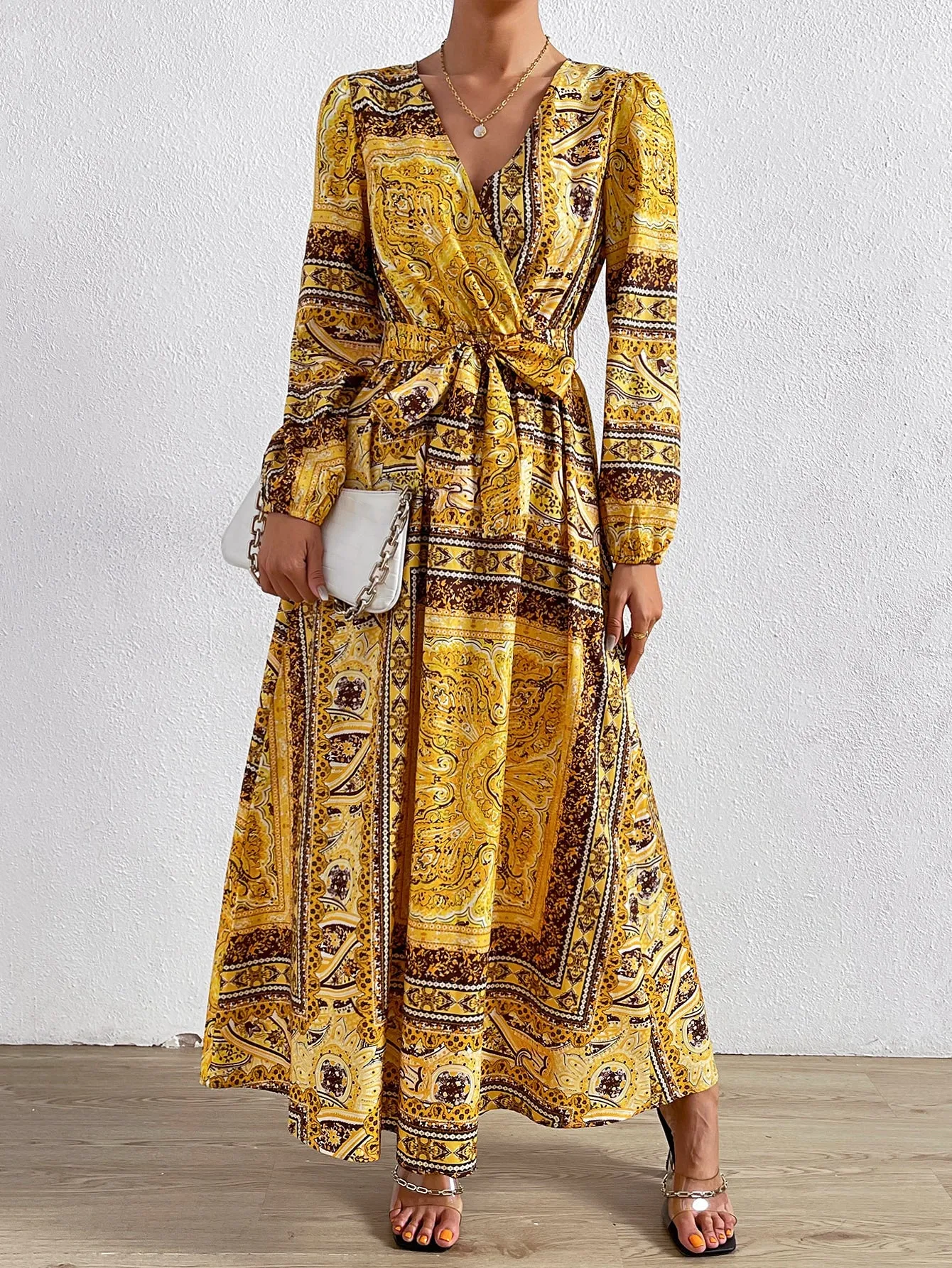Lori Paisley Scarf Print Surplice Neck Belted Dress