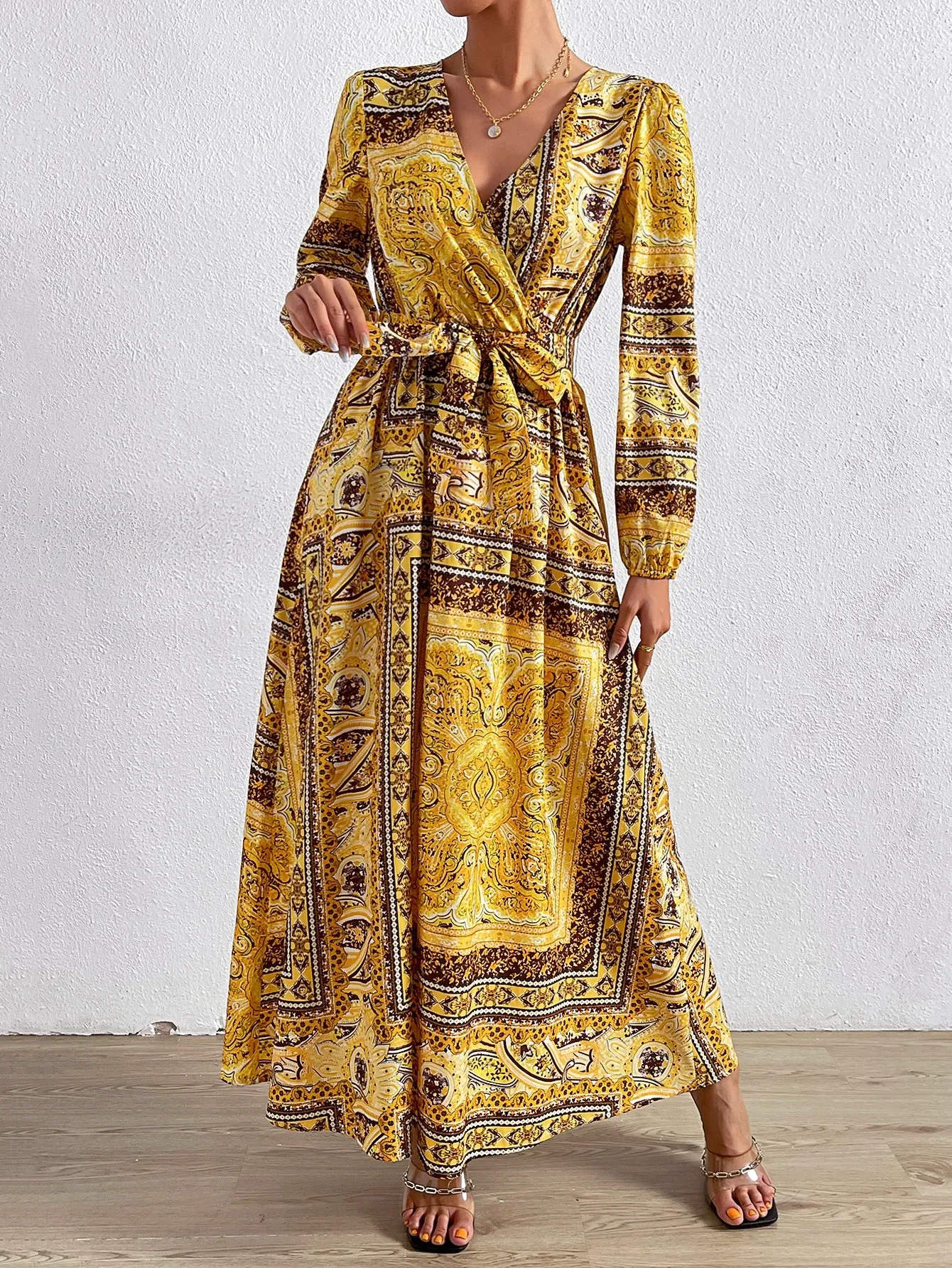 Lori Paisley Scarf Print Surplice Neck Belted Dress