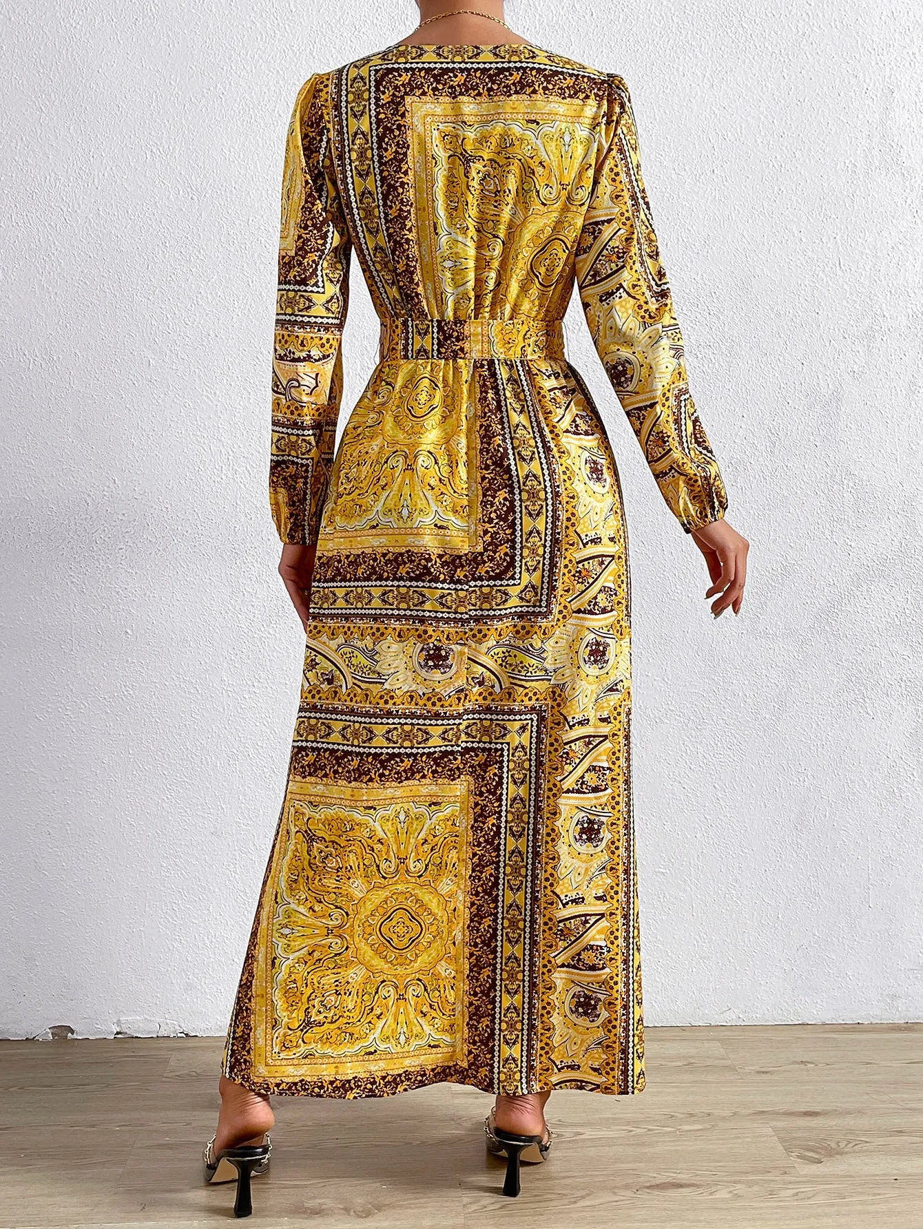 Lori Paisley Scarf Print Surplice Neck Belted Dress