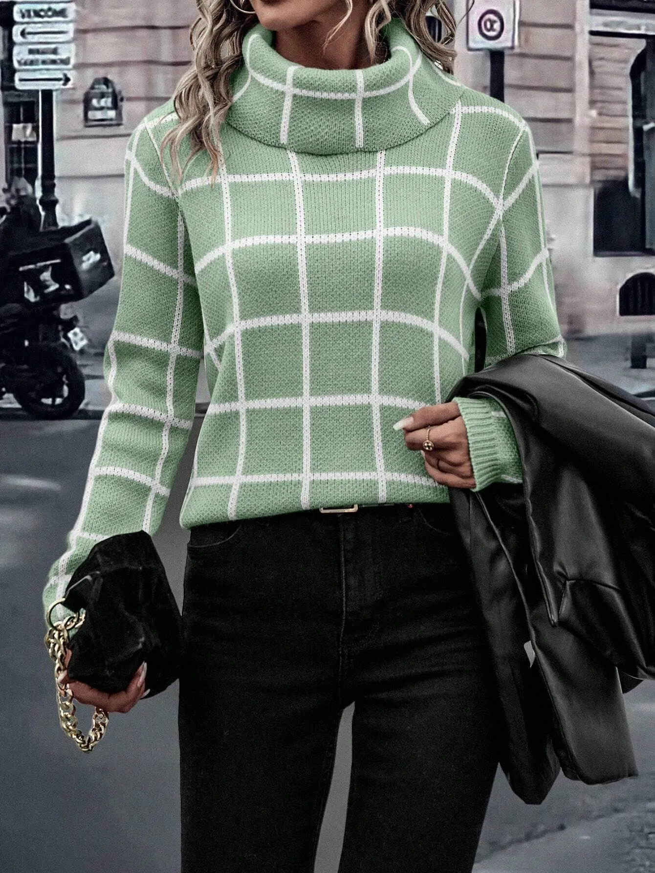 LUNE Plaid Pattern High Neck Sweater