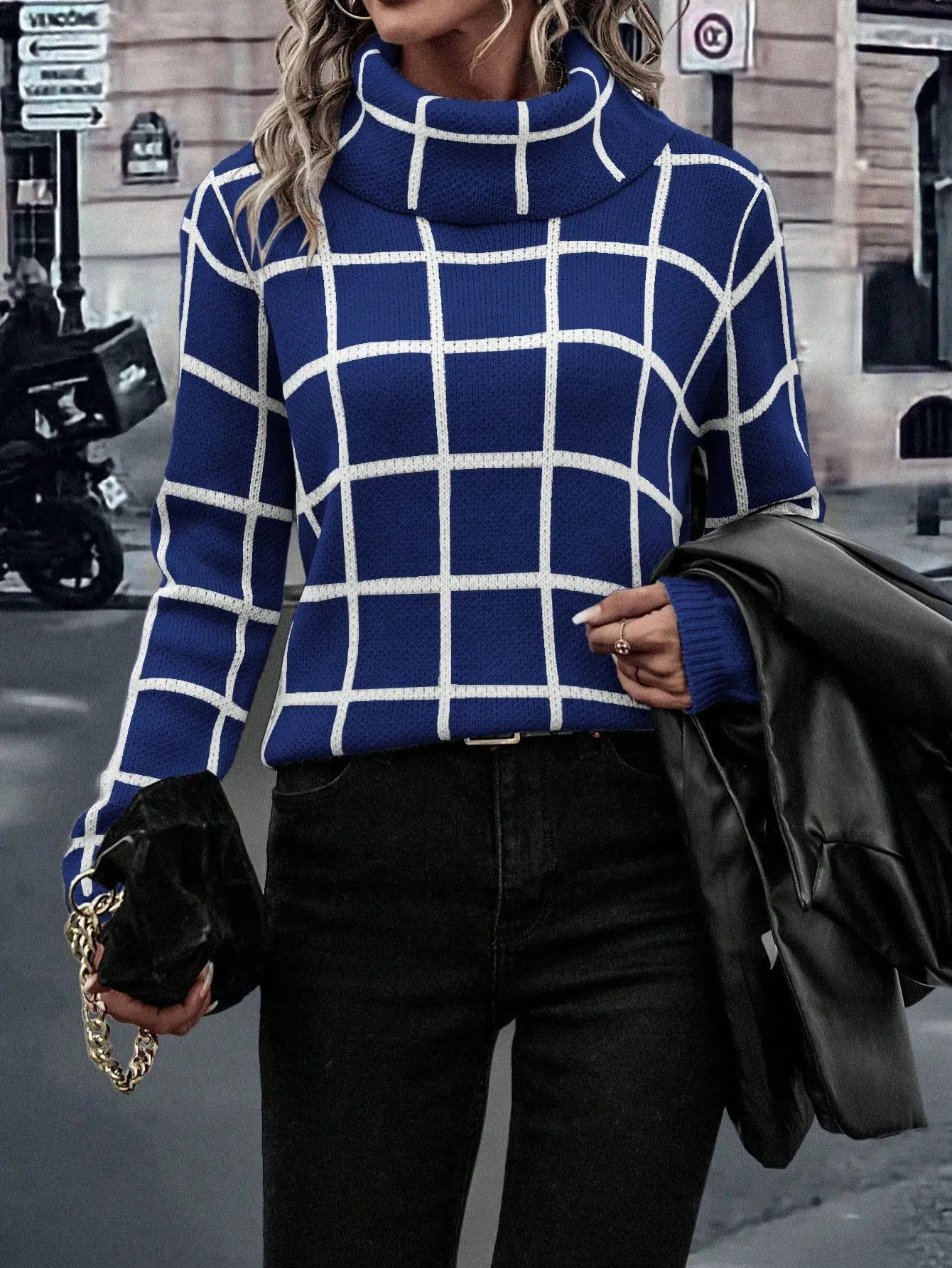 LUNE Plaid Pattern High Neck Sweater