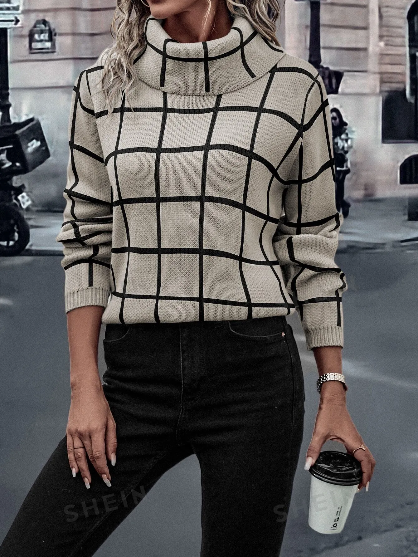 LUNE Plaid Pattern High Neck Sweater