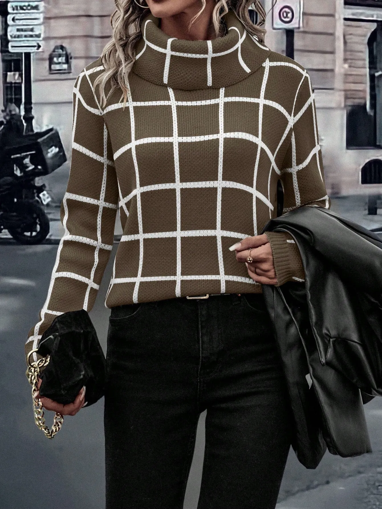 LUNE Plaid Pattern High Neck Sweater