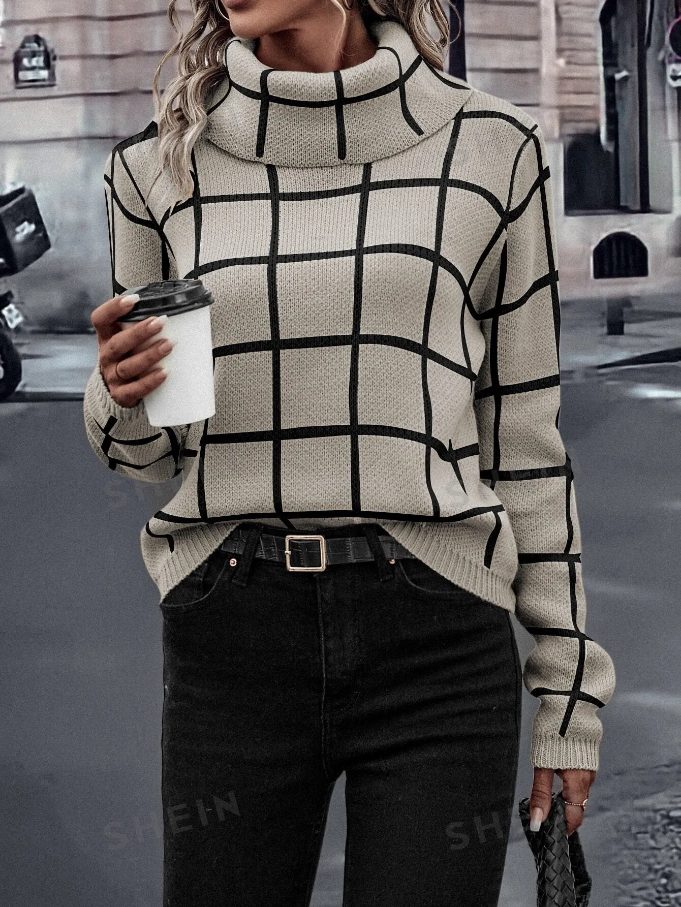 LUNE Plaid Pattern High Neck Sweater