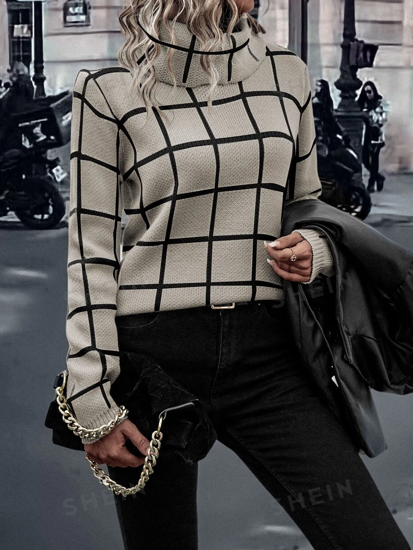 LUNE Plaid Pattern High Neck Sweater