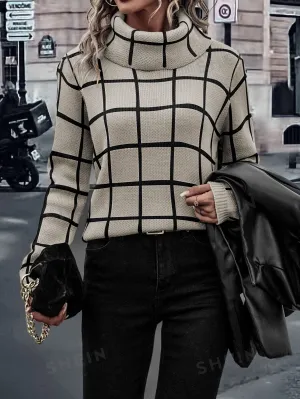 LUNE Plaid Pattern High Neck Sweater