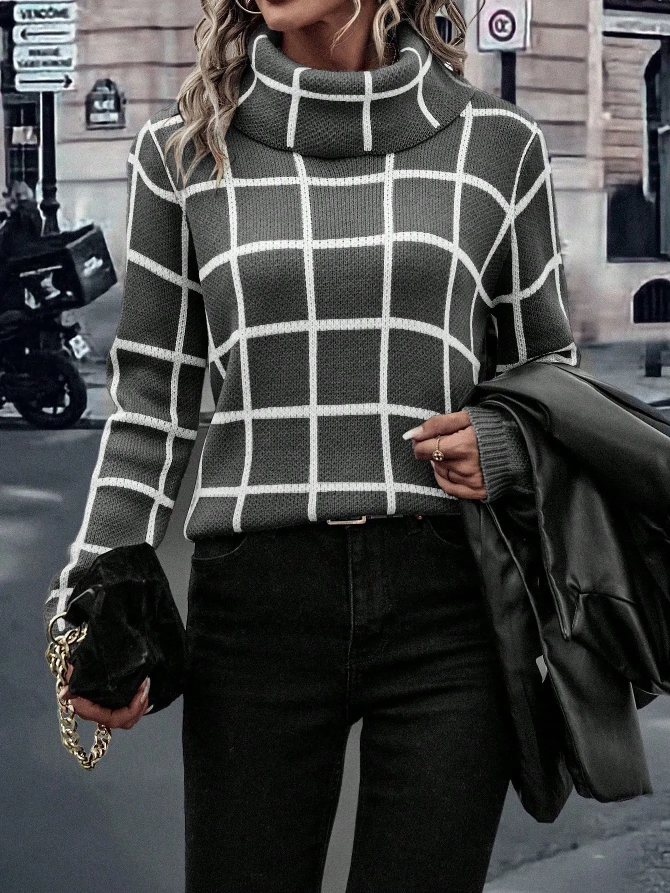 LUNE Plaid Pattern High Neck Sweater