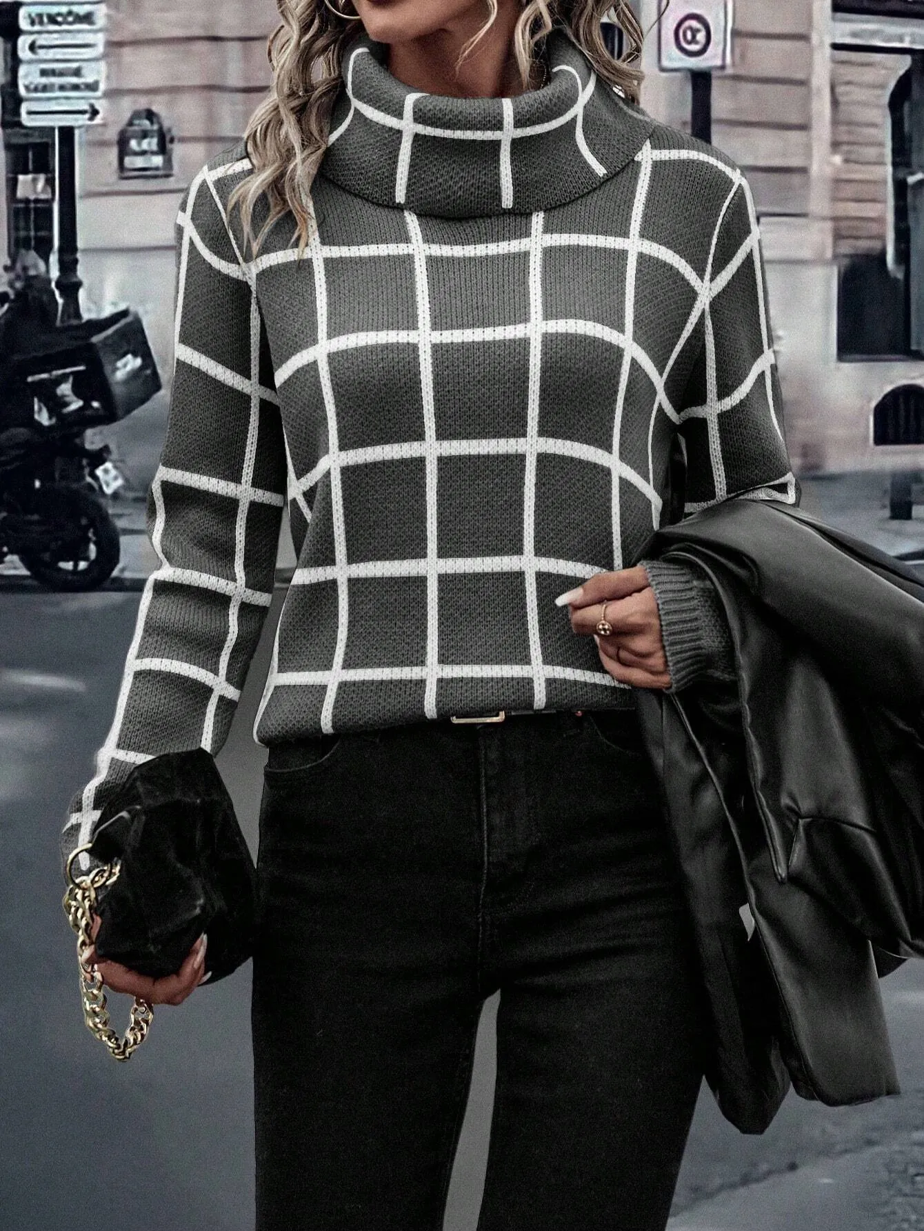 LUNE Plaid Pattern High Neck Sweater