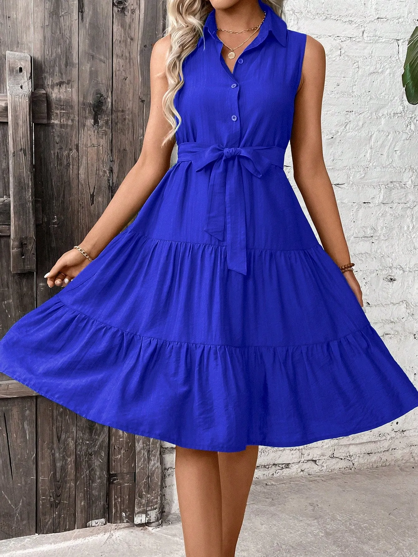 LUNE Ruffle Hem Belted Shirt Dress