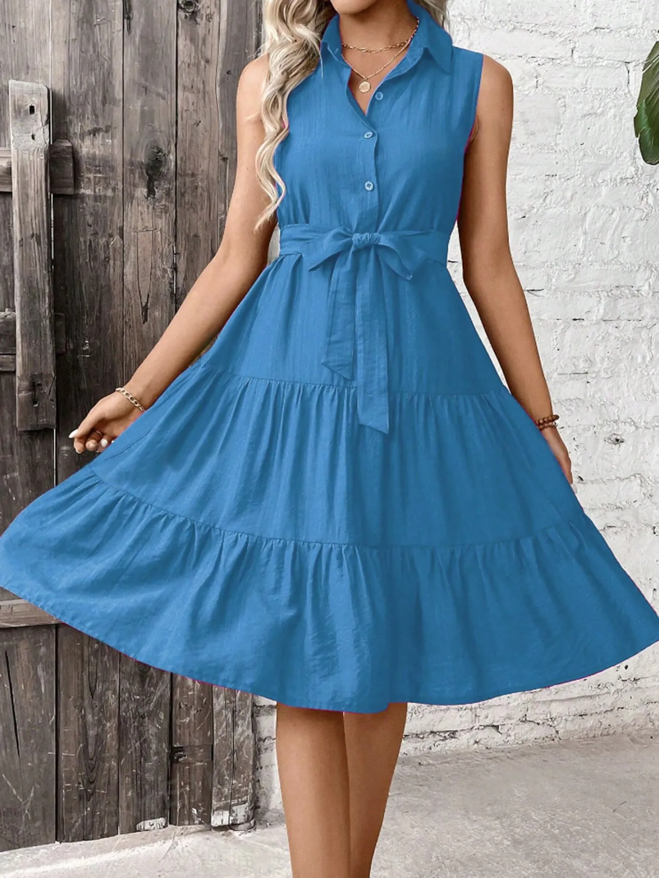 LUNE Ruffle Hem Belted Shirt Dress
